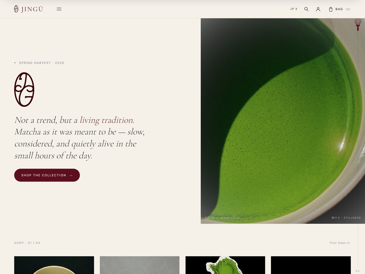 Aura Sites custom website design example for the JINGŪ matcha brand, an editorial homepage hero with a bowl of whisked matcha