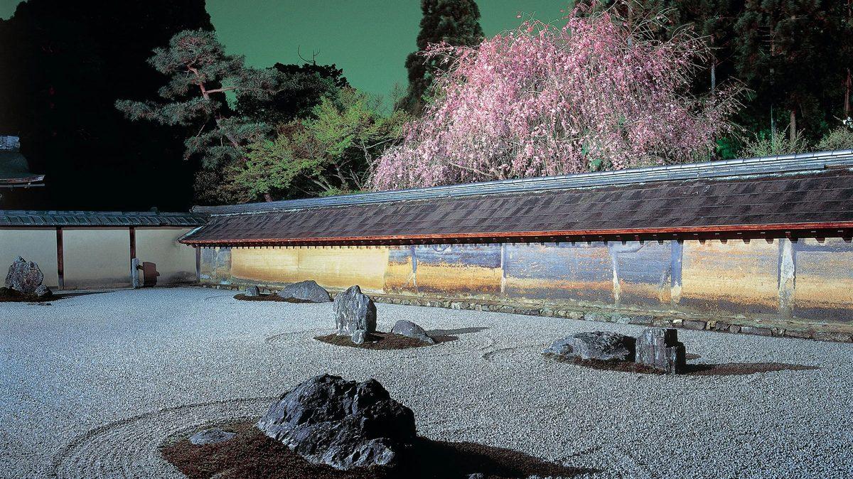 Aura Sites custom website design example for Luxury Japan, a homepage hero with a Zen rock garden and a blossoming weeping cherry tree beside a traditional plaster wall